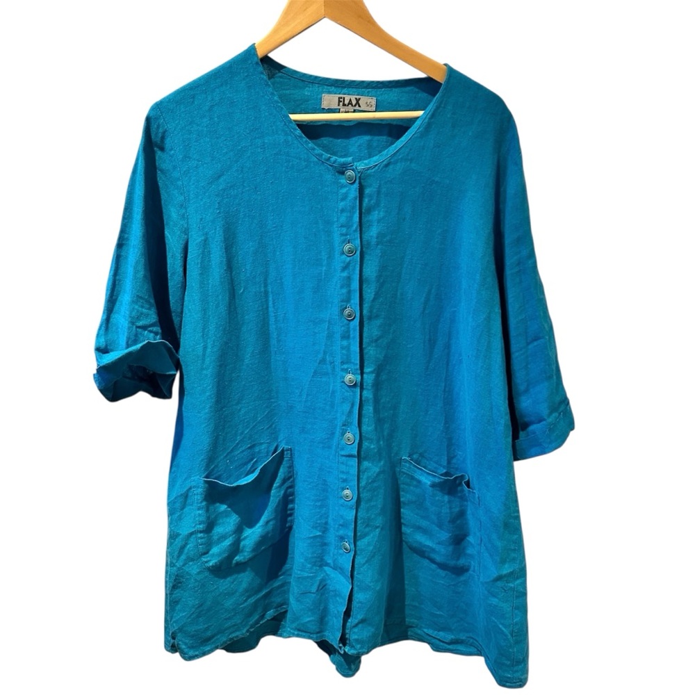 FLAX Womens Tunic Top Dress Size M Blue 100% Linen Lagenlook RN# 114739